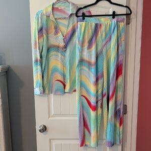 Multicolor Wave-Print Pleated Pant Set - Pastel Rainbow